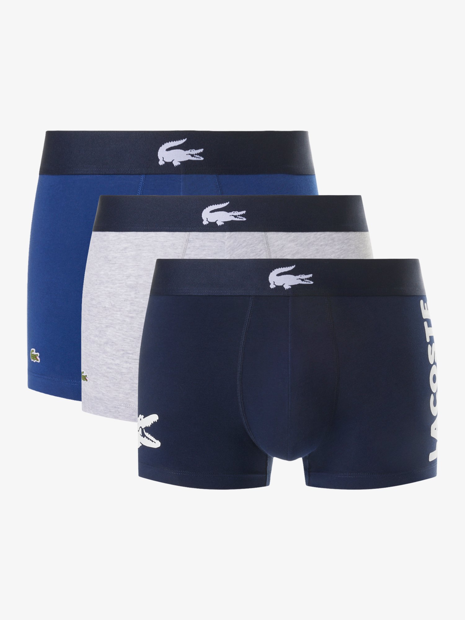 Pack of 3 Lacoste men's boxer shorts, in cobalt blue, grey and navy blue.