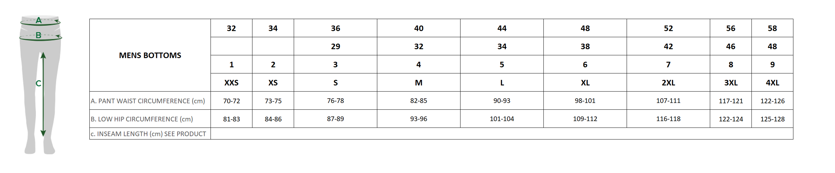 lacoste clothing size guide - mens bottoms and pants