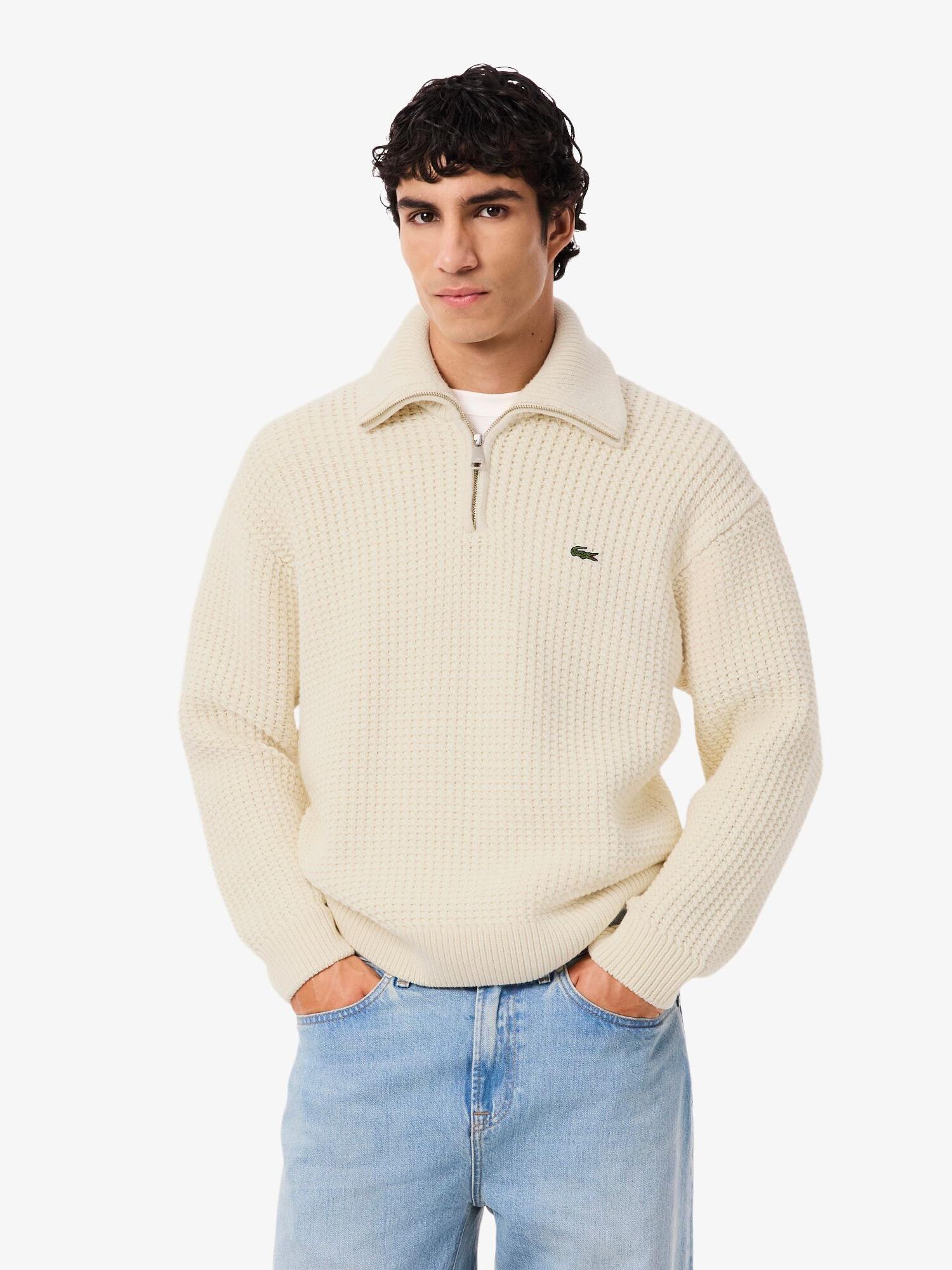 High Neck Half Zipper Heavy Wool Sweater White | Lacoste Australia
